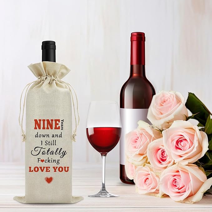 9th Anniversary Wedding Gift for Couple Wine Bag 9 Years of Marriage Gift for Women Men Drawstring Wine Wrapping Bag 9th Anniversary Keepsake Gift Birthday Christmas Valentine Gift Wine Gift Bag