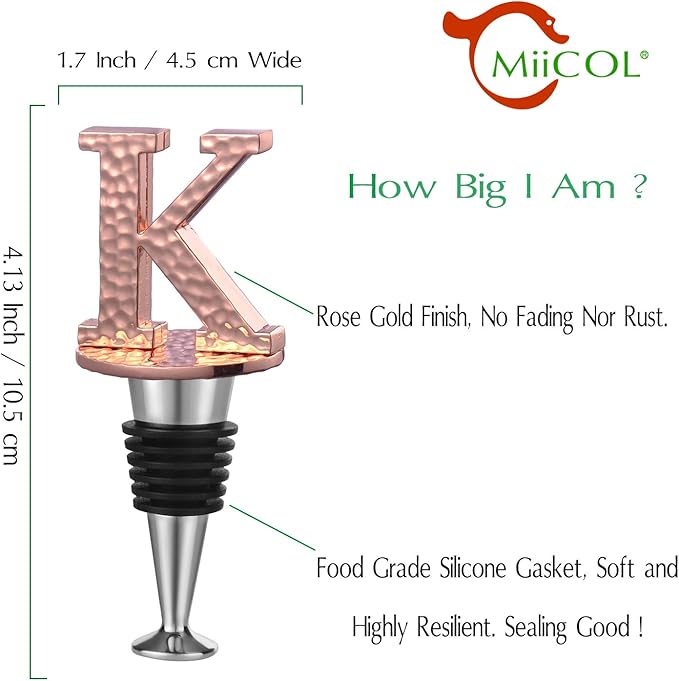 Miicol Wine Stopper, Prosecco Stopper, Wine Bottle Stopper, Personalised Champagne Stopper, Rose Gold Wine Accessories, Wine Lovers Gift, Monogram Gift, Letter K