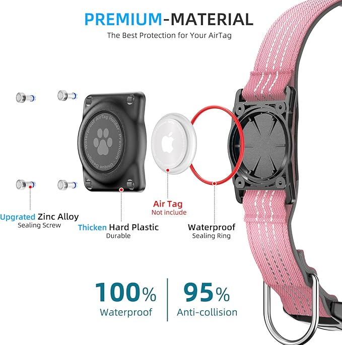 Upgraded AirTag Dog Collar, IP68 Waterproof Air Tag Dog Collar Holder, Reflective, Ultra-Durable, Comfortable Padded, Heavy Duty Dog Collars for Small Medium Large Dogs (L (14.8"-20.3"), Pink)