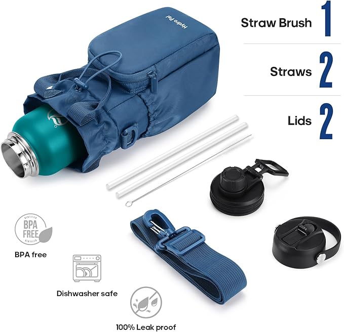 HydroPal Insulated Water Bottles 32 oz with 2 Leak Proof Lids & Water Bottle Holder, Wide Mouth Sport Water Bottle with Straw, Reusable Stainless Steel Water Flask, Double Walled Vacuum Thermos