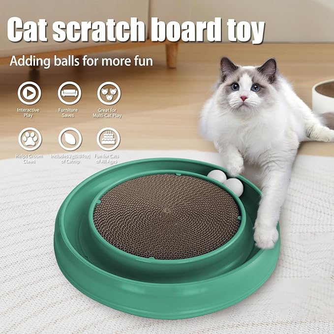 Interactive Cat Scratcher with Two Rotating Balls,Durable Scratch Pad for Indoor Play,Cardboard Cat Scratcher Pad with Cat Toy Ball Track and Catnip,2-in-1 Cat Toy (Green)