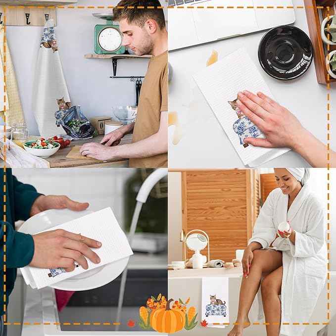 SPBL&L Cat Kitchen Towels, Cat Dish Towels Tea Towels for Kitchen, Cat Gifts for Cat Lovers Women, Cat Mom Gifts, Blue and White Chinoiserie Decor Hand Towels for Bathroom, 16x24 Inches