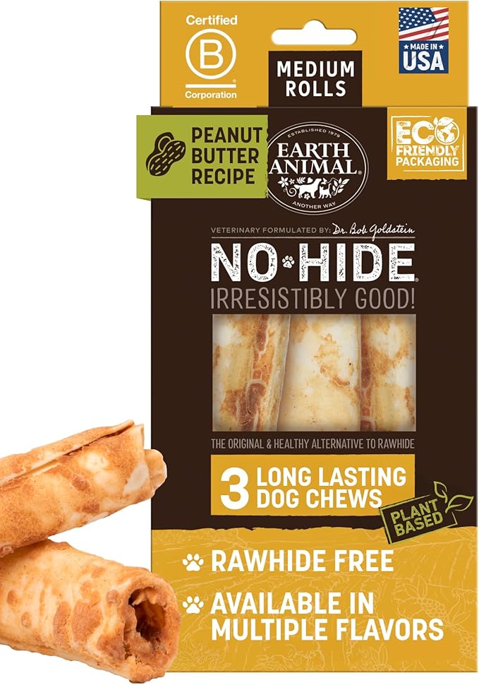 Earth Animal No-Hide Rolls Peanut Butter Recipe Medium Natural Rawhide Alternative Dog Chews - 3 Count Value Pack