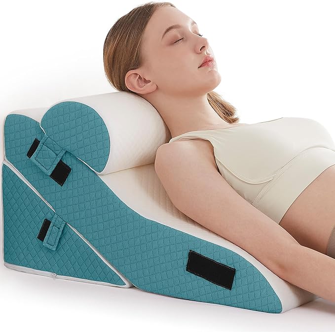 3 PCS Upgraded Bed Wedge Pillow for Sleeping - 35D Post Surgery Pillow for Back Leg Pain Relief - 16.5" Wide Wedge Pillows for After Surgery for Acid Reflux & GERD & Snoring(White Blue)