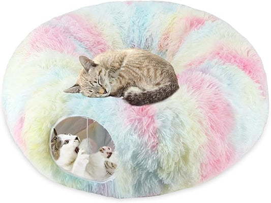 Plush Cat Tunnel Bed for Indoor Cats, Collapsible Cat Donut Tunnel with Central Mat, Fluffy Cats Cave Tube with Hanging Ball for Kitten Rabbit Puppy Ferret (Color)
