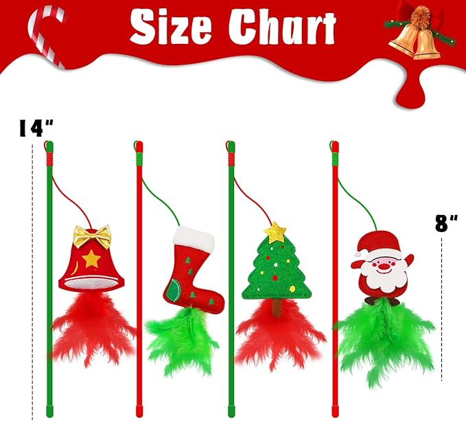 Cat Wand Toys - 4 Pack Wand Toys for Indoor Cats, Catnip and Feather Cat Gifts for Christmas Kitten