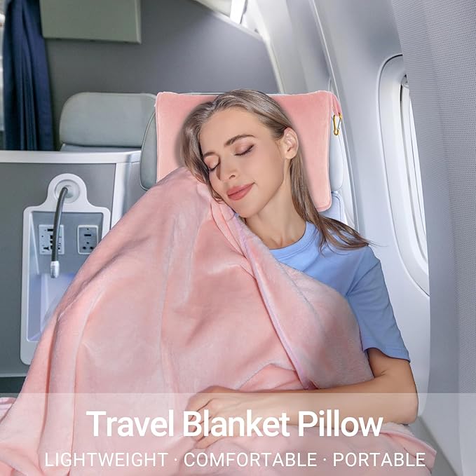 3 in 1 Travel Pillow and Blanket Set, Premium Soft 300 GSM Thick Airplane Blanket Compact with Bag for Long Trips Essentials, Hand Luggage Sleeve and Backpack Clip (Pink)