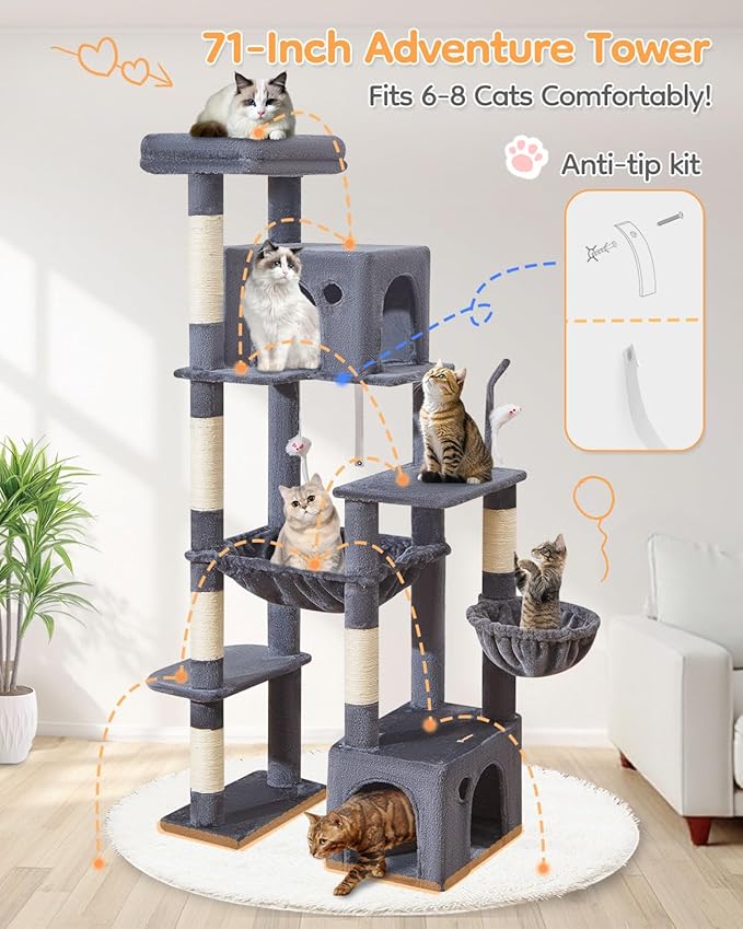 Taoqimiao Heavy Duty Cat Tree for Large Cats 20lbs+, 71 Inches Tall Cat Tower, 2 Cat Condo with 6 Scratching Posts, Super Large Hammcock, Cat Toys, Cozy Basket, Smoky Gray, MS037G