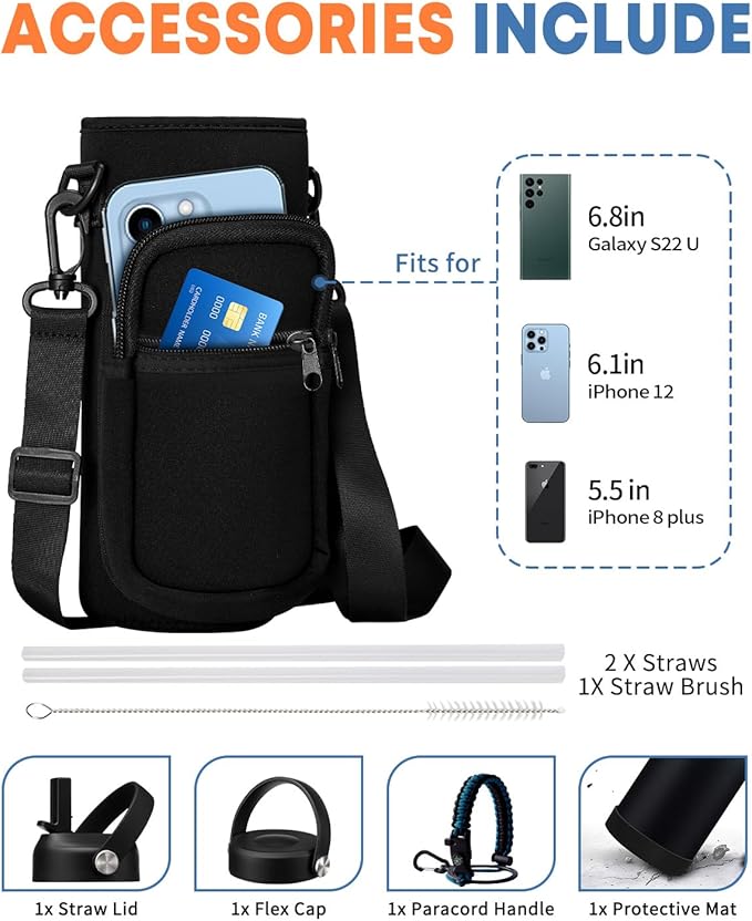 Insulated Water Bottle 40 oz - with Straw & Spout Lids, 40OZ Stainless Steel Water Flask with Paracord Handle, Storage Sleeve & Cup Boot, Leak Proof & Keep Cold-48H & Hot-12H Metal Water Jug, Purple