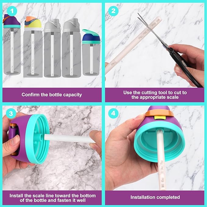 4pcs Replacement Plug Stopper for Owala FreeSip 19/24/25/32/40oz (2 Pink + 2 Gray), with 1 Brush & 4pcs White Straw with Scale for Owala Free Sip Water Bottle Mouth Top Cap Lid Gasket Seal Accessories