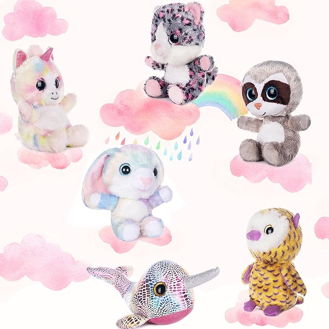 My OLi 7" Adorable Stuffed Animals Bulk - 6 Pcs Fairy Tale Plush Toys (Sloth, Unicorn, Rabbit, Narwhal, Owl, Cat) - Perfect Plushies for Babies Kids Girls & Boys