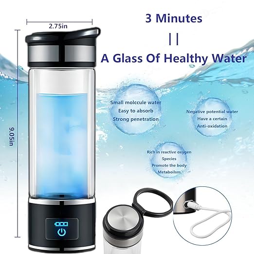 Hydrogen Water Bottle Generator 350ml Hydrogen Water Generator Portable Alkaline Water Machine Double Layer Glass Alkaline Water Bottle 1000-1200ppb Water Ionizer USB Alkaline Water Filter Bottle
