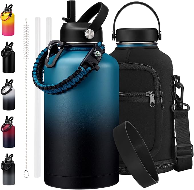 64oz Stainless Steel Water Bottle with Straw - Leakproof Insulated Metal Flask for Hiking Camping