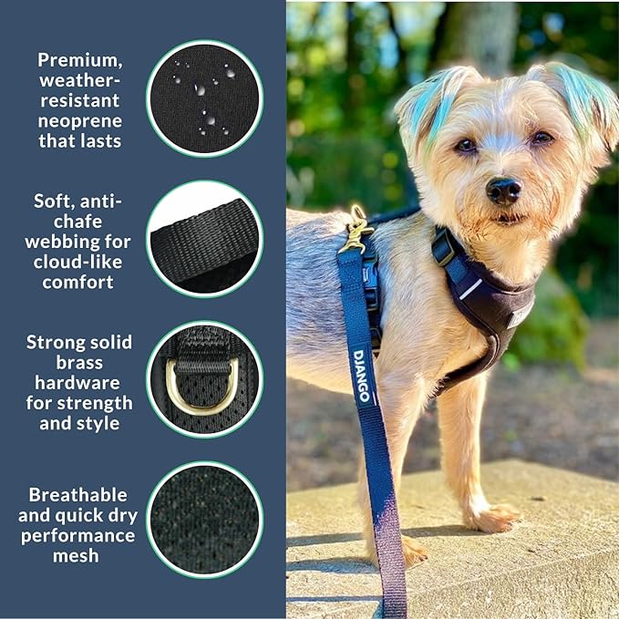 DJANGO Adventure Dog Harness - Stylish and Comfortable Large Dog Harness for Outdoor Adventures and Everyday Wear - Black Neoprene Adjustable Harness for Dogs with Reflective Piping and Brass D-Ring