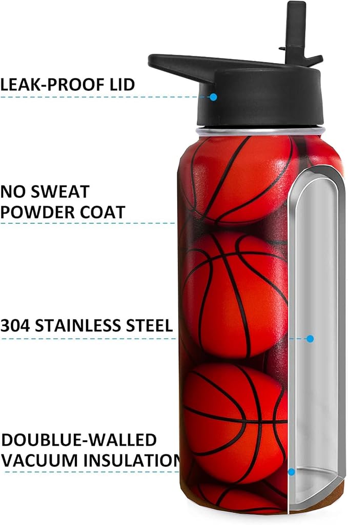 32 oz Basketball Water Bottle Insulated Vacuum Stainless Steel Sports Water Bottle with 2 Lids (Straw and Spout Lid) for Gym Camping Hiking