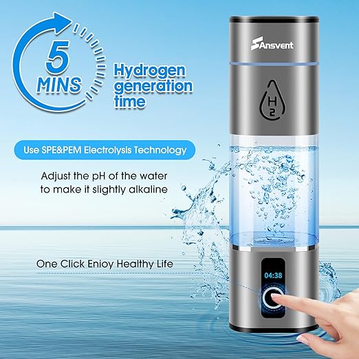 Hydrogen Water Bottle, 3000+ ppb Hydrogen Water Bottle Generator with SPE/PEM Technologyand LED Display, Hydrogen Water Ionizer Machine for Office, Home, Travel,Gift (Grey)