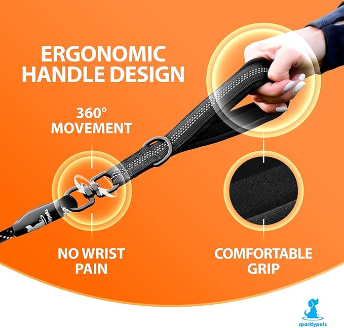 SparklyPets Double Dog Leash for 2 Dogs – Rope Bungee Dual Leash for Medium and Large Breeds with Padded Handles & Tangle Free (Black, Medium/Large)