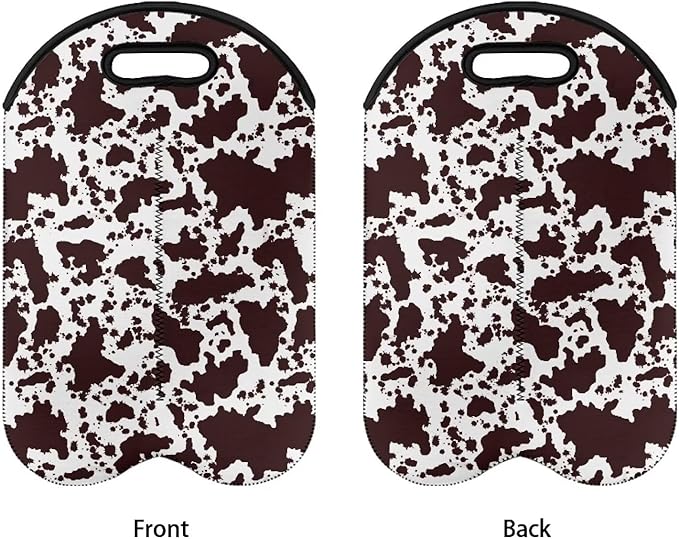 doginthehole Brown Cow Print Wine Tote Carrier Bag 2 Bottle Insulated Neoprene Wine/Water Bottle Holder Protective Travel Bag Champagne Cooler Bag for Beach Picnic Dinner Wedding