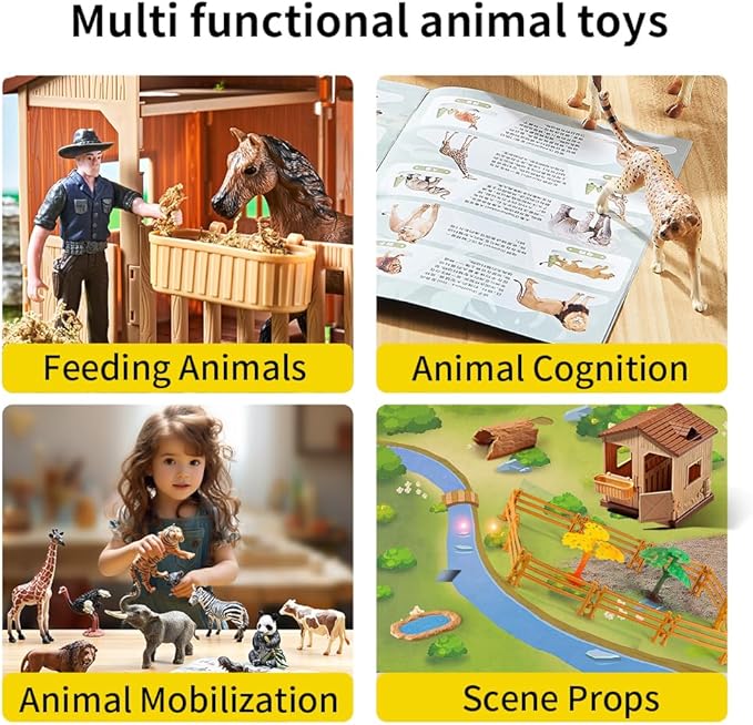 Farm Animal Toys for Toddlers 3-5-7 Kids, 24 Realistic Animal Figures Including 1 Stable and Props, Play Mat, Zoo Toy Animals Figurines, Playset for Boys and Girls Birthday
