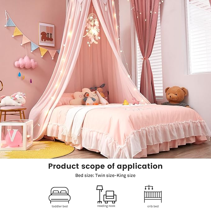 Akiky Bed Canopy for Girls with Lights Princess Dream Catcher for Kids Reading Nook Bed Tent for Twin Full Queen Size Bed,Room Decor (Beige Pink)