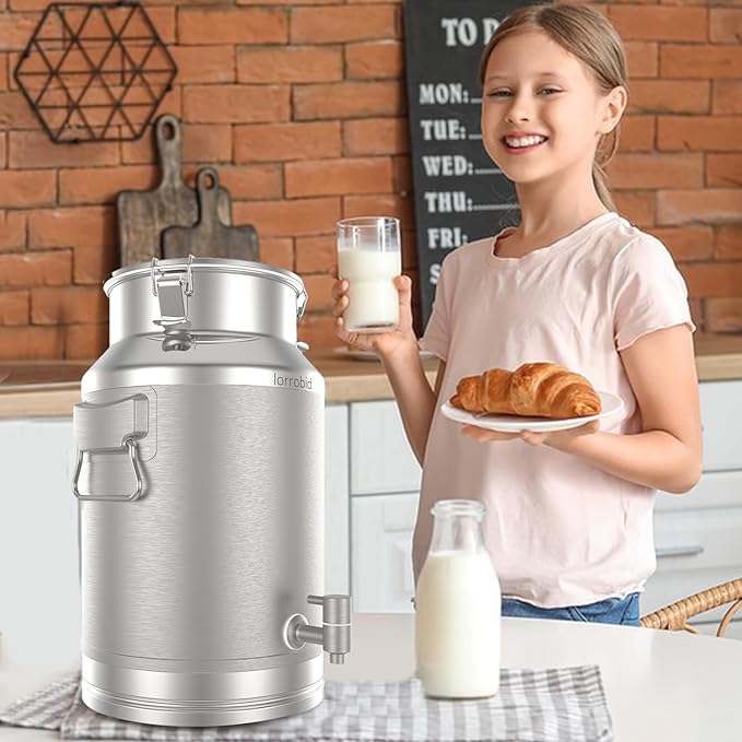 Milk Can, 304 Stainless Steel 28 Liter Milk Can, Milk Bucket Wine Pail Bucket with Spigot, 6.6 Gallon Milk Can with Sealed Lid and Stainless Steel Ladle Sealed Lid Heavy Duty for Milk Can.