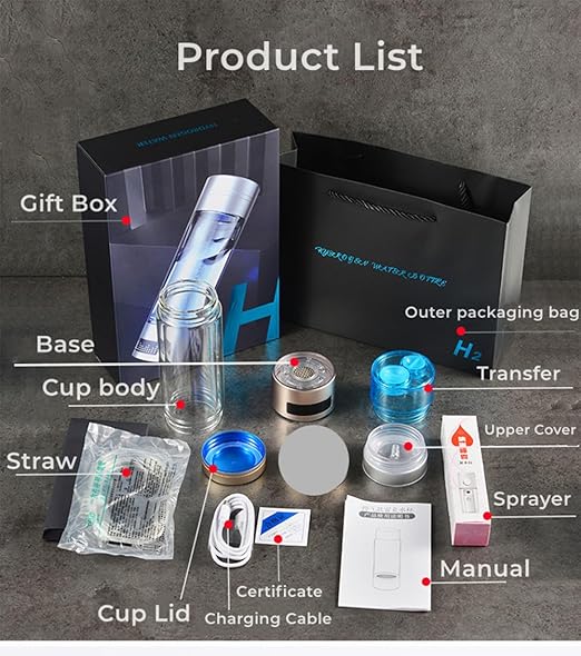 Hydrogen Water Bottle, 9000+ PPB Hydrogen Water, Food Grade Rechargeable Machine, Suitable for All Water, with Exhaust Hole, 3 Minutes and 18 Minutes Dual Mode, Gift Pack (Gold)