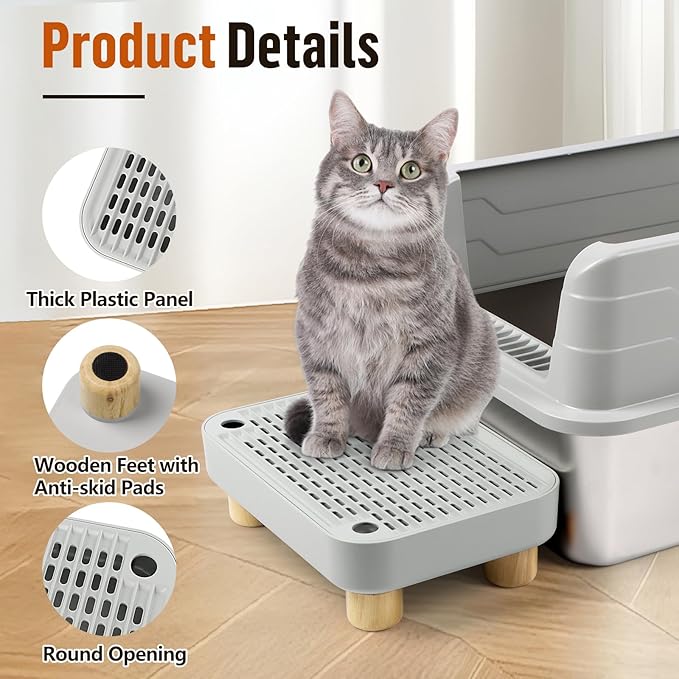 Cat Litter Box Step Ramp, Cat Litter Catcher Mat with Wooden Feet, Filter Function, Cat Pedal Stool for Self-Cleaning Cat Litter Box, Ideal for Kitten & Elderly Cats (Light Grey)