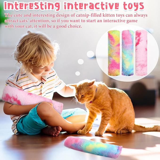 Civaner 6 Pcs 10.6 Inch Cat Catnip Toys Interactive Kitten Kicker Toy Soft Plush Cat Pillow Sticks Kitten Chasing Chewing Exercising Catnip Toy Indoor(Pink,Blue,Yellow,Candy)
