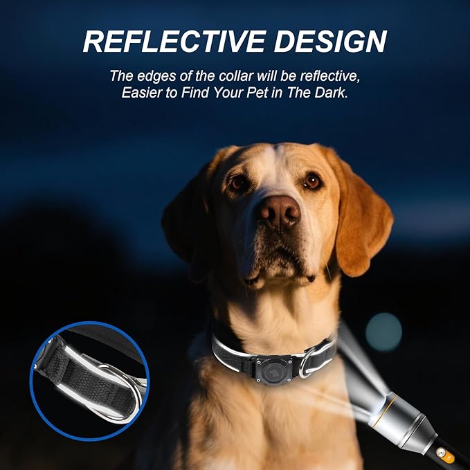 Waterproof Airtag Dog Collar - Nylon Collar with Durable Airtag Holder, Reflective&Anti-Lost with Safety Metal Buckle, Soft Padded Adjustable for Small Medium Large Dogs Black M