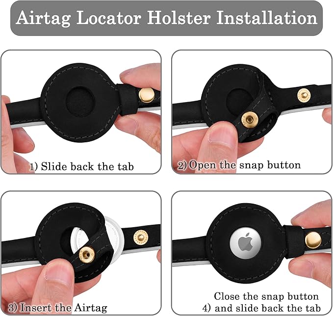 OOPSDOGGY Rolled Leather Dog Collar with Airtag Holder - Reflective Round Airtag Dog Collar - Soft Tracking Pet Collar for Small Dogs Puppy Cats Kitten (Black, M, 12"-15")