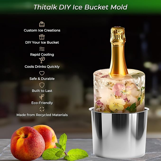 Ice Bucket Mold - DIY Wine Bottle Chiller & Cocktail Ice Molds, Use with Flowers, Fruits for Parties, Bars, Holidays, Weddings | Stainless Steel & Clear Plastic