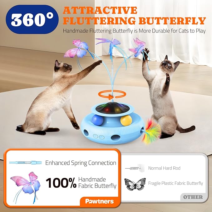Interactive Cat Toy: 4 in 1 Automatic Cat Toy for Indoor Cats, Self Play Kitty Toy with Fluttering Butterfly, Track Ball and Feather Pack, Blue