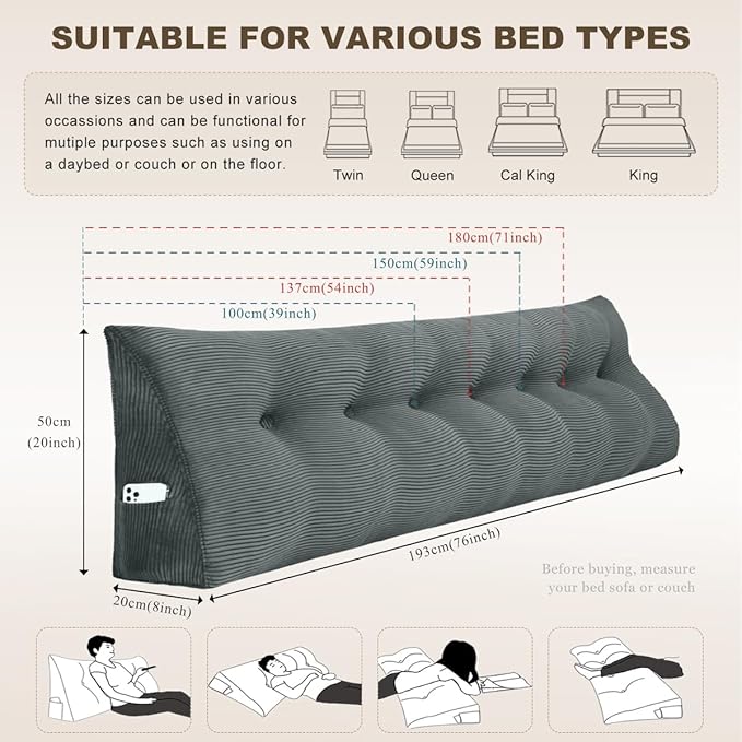 Headboard Pillow - Queen-Sized Headboard Wedge Pillow for Daybeds and Bunk Beds - Durable, Comfortable, with Removable Velvet Cover (Dark gray, 71x20x8Inches)