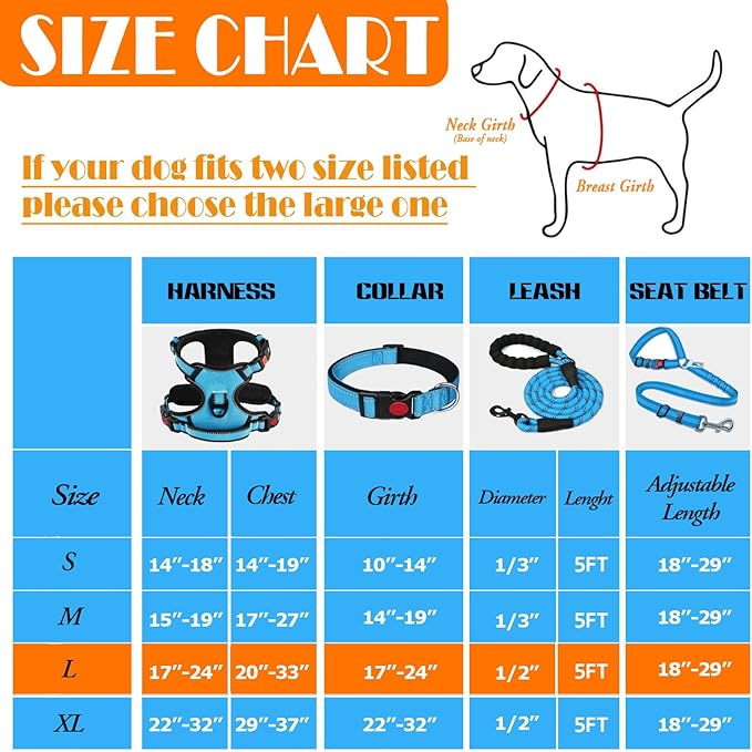 No Pull Dog Harness, Collar & Leash Set | Includes Dog Seat Belt, Collapsible Bowls & Poop Bag Dispenser. Ideal for Training, Walking, Hiking. Fits Small to Large Dogs(Blue-L)