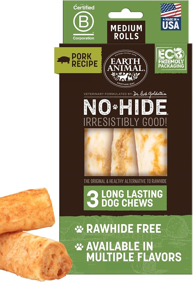 Earth Animal No-Hide Rolls Pork Recipe Medium Natural Rawhide Alternative Dog Chews - 3 Count Value Pack