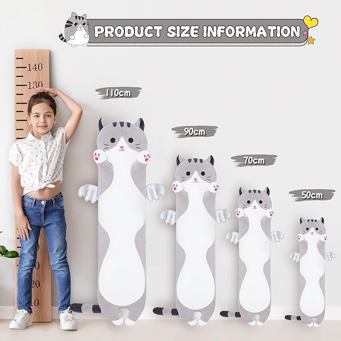 Long Cat Plush Body Pillow, Cute Cat Plush Toy Pillows with Wings, Stuffed Animals Kitten Soft Plushies Gifts for Kids Girls Girlfriend(Grey, 43.3in/110cm)