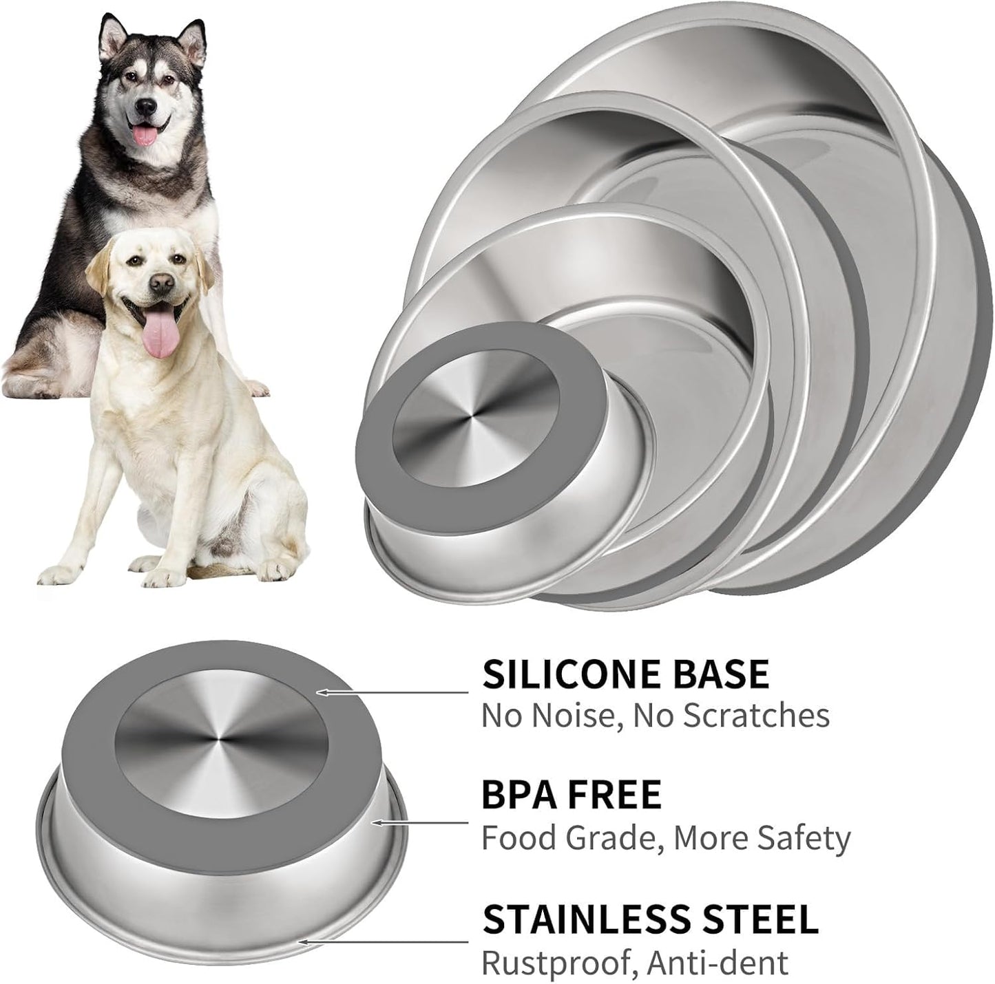 Taglory 11 Cup Stainless Steel Dog Bowls Set of 2 for Food and Water, Silicone Base Anti-Slip, Rust Resistant, Extra Thick Metal Bowls for Large Dogs, 84oz, Gray
