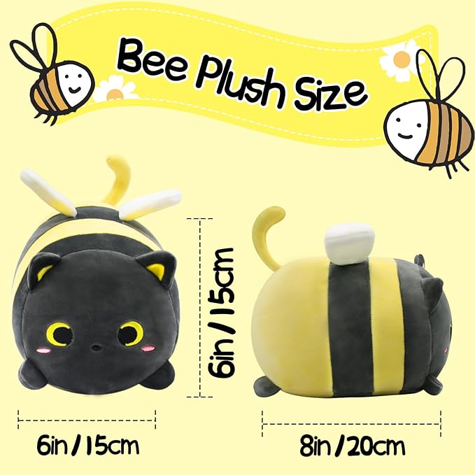 Bee Cat Plush Pillow, 8" Cute Cats Honeybee Stuffed Animals, Kawaii Cats Plushie, Soft Stuffed Bees Cat Plush Hugging Doll Toy for Kids Girls Boys Birthday Christmas