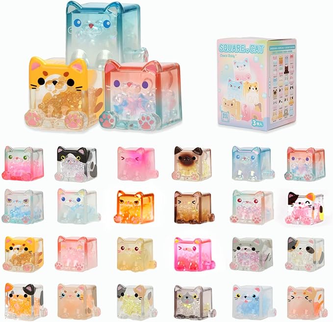 Square Cat Series Blind Pack (3PCs in one Bag) Random Design Cat Blind Box Figures Collectible Toys Cute Mystery Box Home Decorations Holiday Birthday Gifts