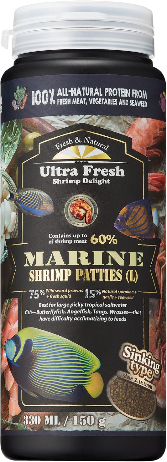 Ultra Fresh Marine Fish Food, 75% Sword Prawns + Squids, Natural Protein, Color Enhancement, for Large Saltwater Fish, Marine Shrimp Patties L 5.29oz
