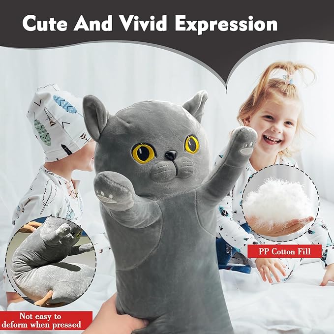 Long Cat Plush Pillow, 35.4in Cute Gray Cat Plushie Stuffed Animals Body Pillow, Kawaii Kitten Soft Plushie Doll Toy Birthday Gift for Kids Girlfriend