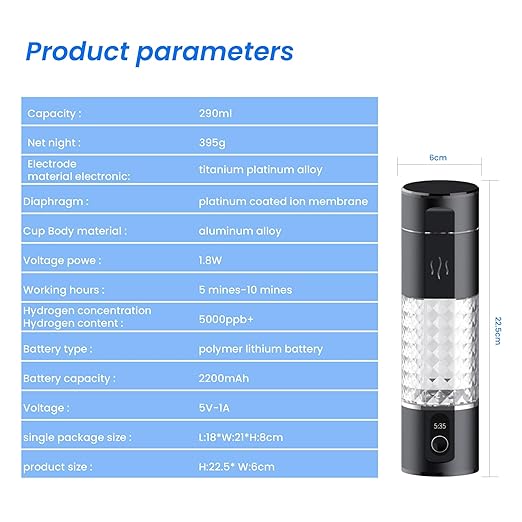 Hydrogen Water Generator, 5000ppb,290ml, Hydrogen Water Bottle, SPE and PEM Technology,Rechargeable Portable Hydrogen Water Machine Generator, 5Min Quick Electrolysis, zbfc3B
