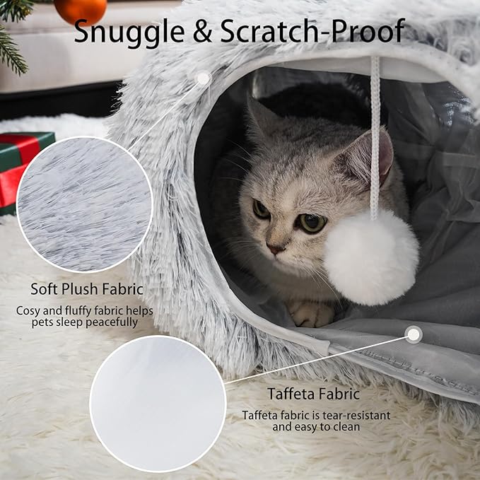 Cat Tunnel Bed for Indoor Cats, Under Christmas Tree Skirt, Donut Tunnel Toys for Multiple & Large Cats, Bed Cave Hideaway for Kitten, Rabbit, Puppy, Gray