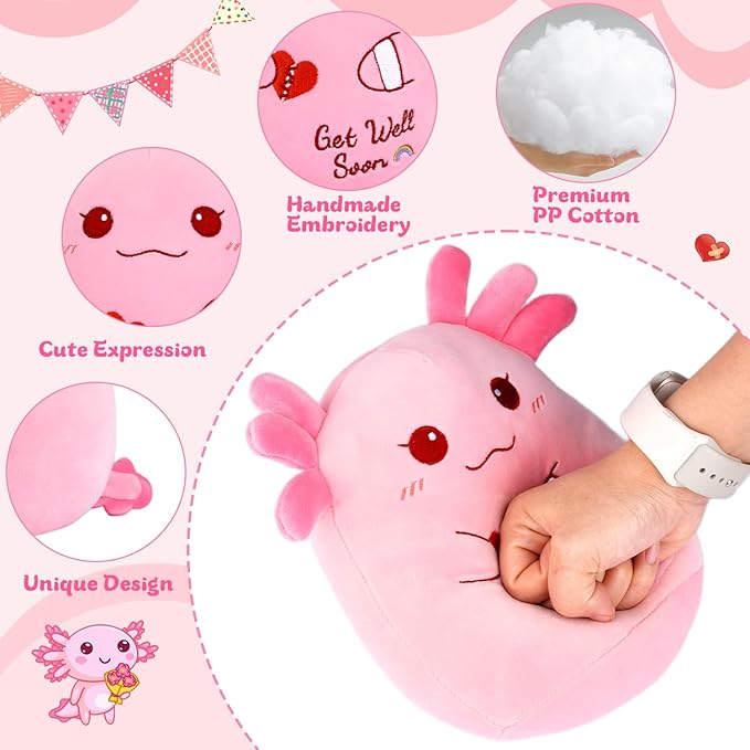 Get Well Soon Axolotl Plush Toy, Pink Axolotl Get Well Soon Gift for Kids Women,Soft Stuffed Animal Cute Pink Huggable Pillow Kawaii Plushies Gift for Girls Boys