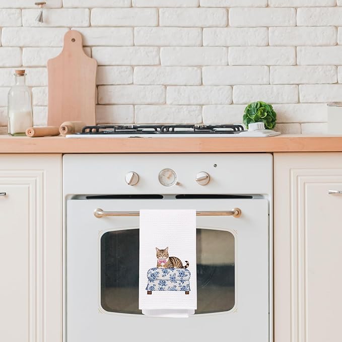 SPBL&L Cat Kitchen Towels, Cat Dish Towels Tea Towels for Kitchen, Cat Gifts for Cat Lovers Women, Cat Mom Gifts, Blue and White Chinoiserie Decor Hand Towels for Bathroom, 16x24 Inches