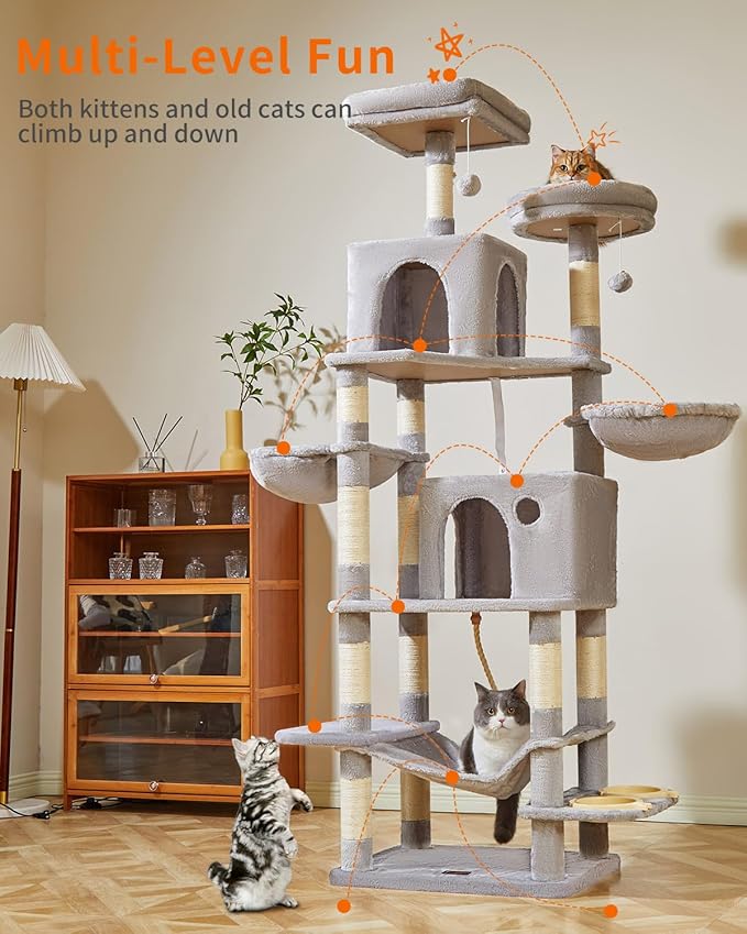 Taoqimiao 76-Inch Cat Tree Cat Tower for Indoor Cats, Plush Multi-Level Cat Condo with 12 Scratching Posts, 2 Perches, 2 Caves, Hammock, 2 Pompoms MS016W Light Gray