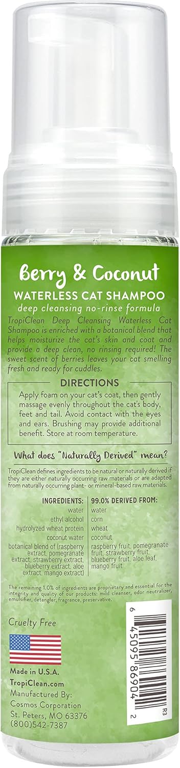 TropiClean Berry & Coconut Waterless Cat Shampoo | Deep Cleansing Dry Shampoo for Cats | Natural Cat Shampoo Derived from Natural Ingredients | Made in the USA | 7.4 oz.