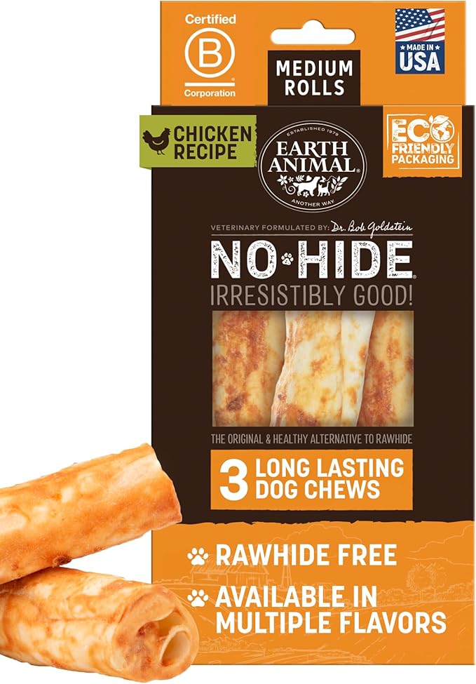 Earth Animal No-Hide Rolls Chicken Recipe Medium Natural Rawhide Alternative Dog Chews - 3 Count Value Pack
