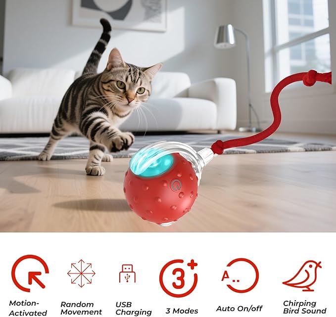 3-Pack Interactive Cat Toys Ball ＆Dog Toys Ball,360° Auto-Rotation Smart Obstacle Avoidance,Includes 8 Cat Spiral Spring＆1 Furry Cat Toy Mice,Ideal Kitten Toys for Bored Indoor Cats(Red Blue Orange)