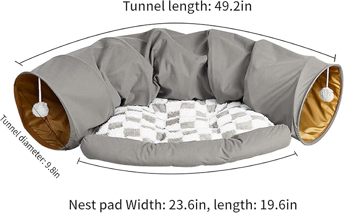 Cute Cat Tunnel Bed for Indoor with Collapsible Washable Design, Half Round Pet Play Interactive Toy for Cats/Puppy/Rabbit, Grey